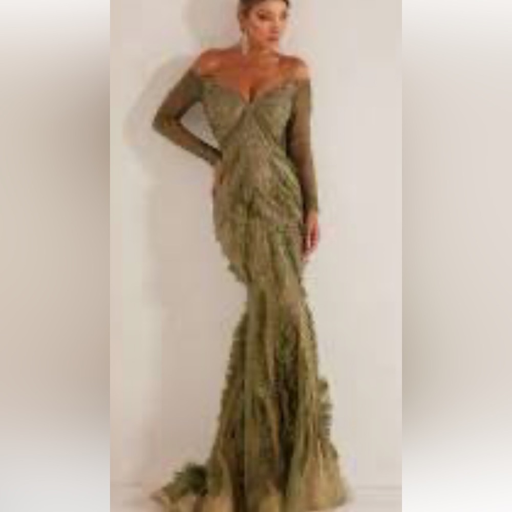 Terani Couture Elegant Olive Green Off-Shoulder Dress